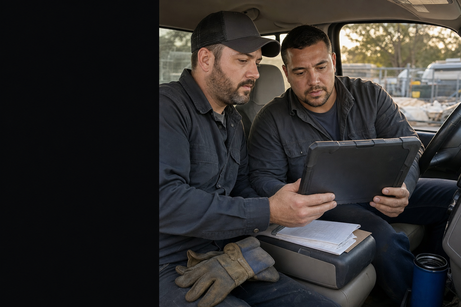 Field operators reviewing completed work together from their service vehicle