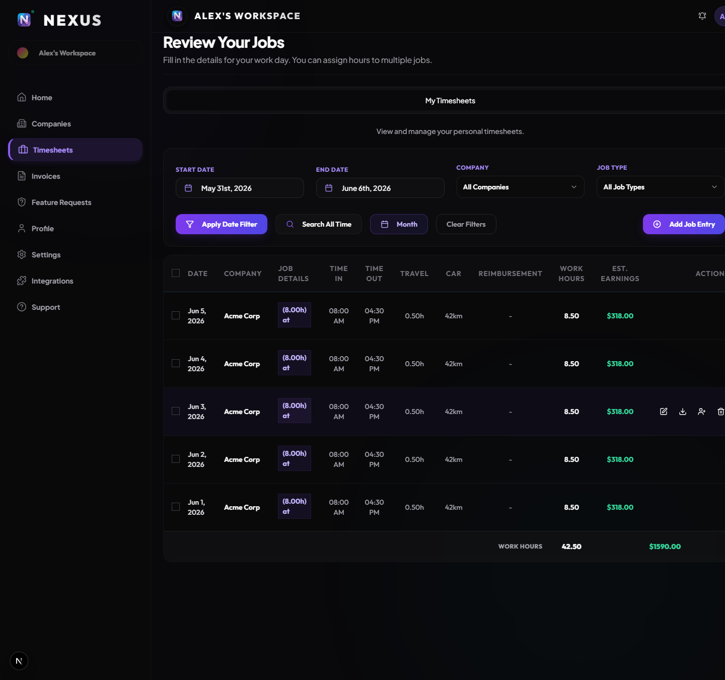 Solo Timesheets Dark Mode