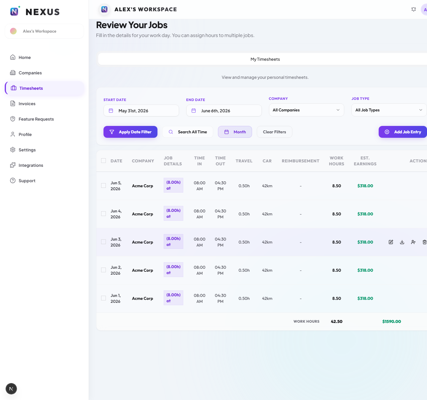 Solo Timesheets Light Mode