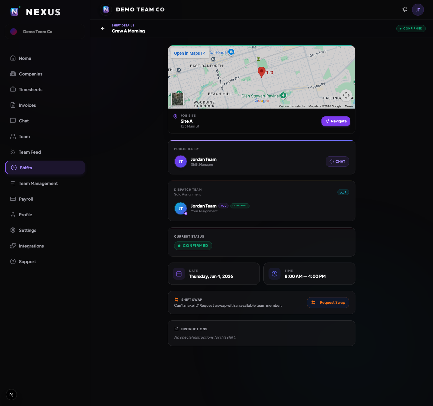 Team Shifts Dark Mode